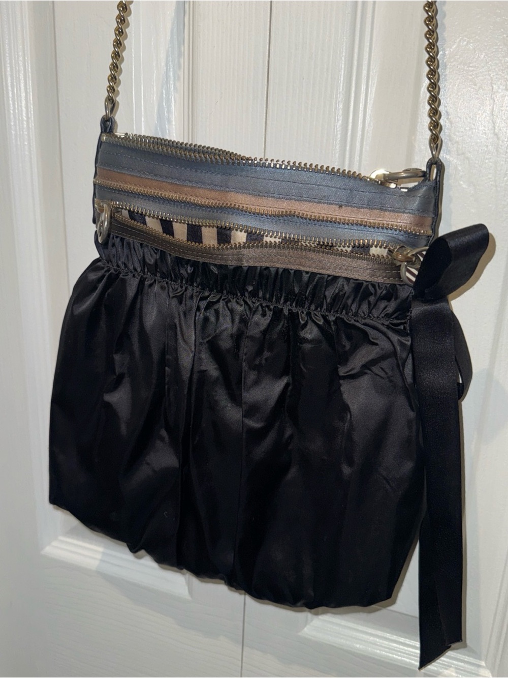 henri bendel Black Satin Drawstring Crossbody with Ribbon and Chain